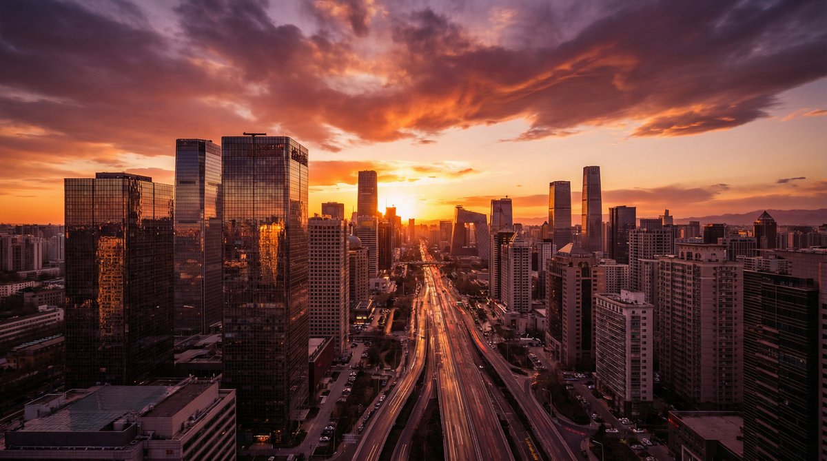 高清动漫城市航拍视频：日落时分的都市天际线